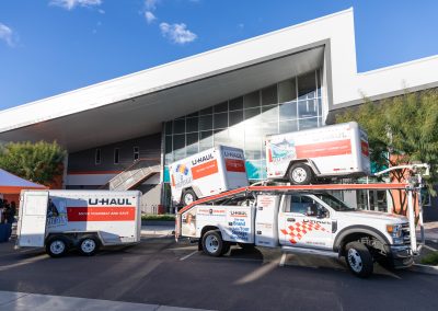 U-Haul trailers on display.